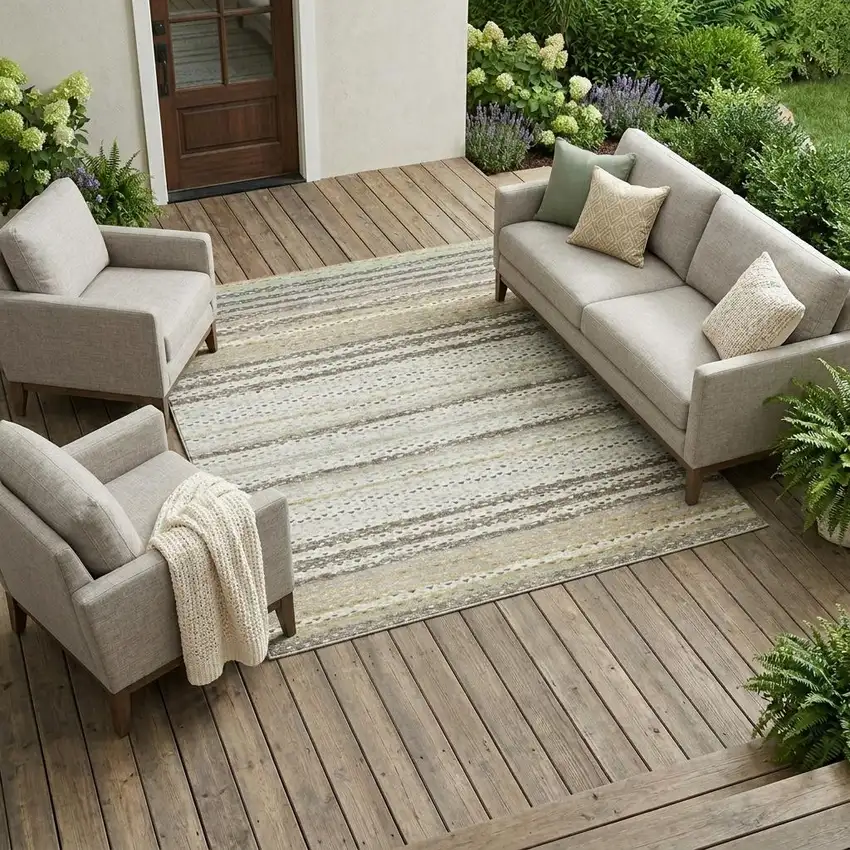Ivory And Beige Striped Washable Indoor Outdoor Area Rug Photo 1