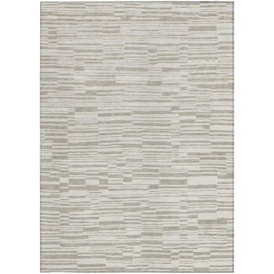 Ivory And Beige Striped Washable Indoor Outdoor Area Rug Photo 3