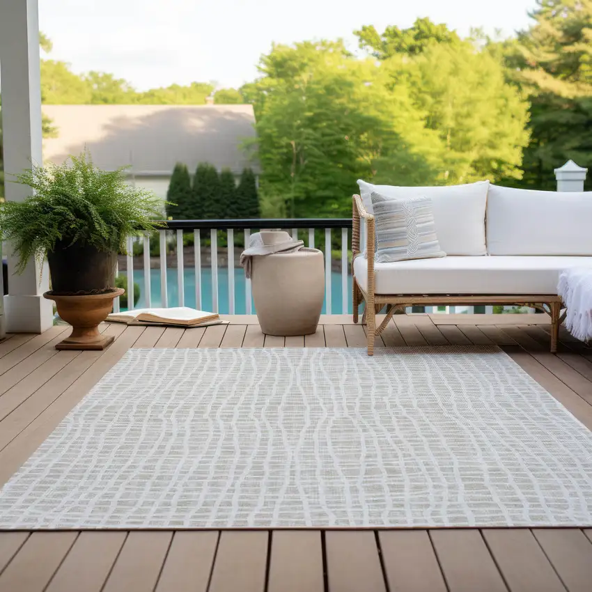 Ivory And Beige Striped Washable Indoor Outdoor Area Rug Photo 9