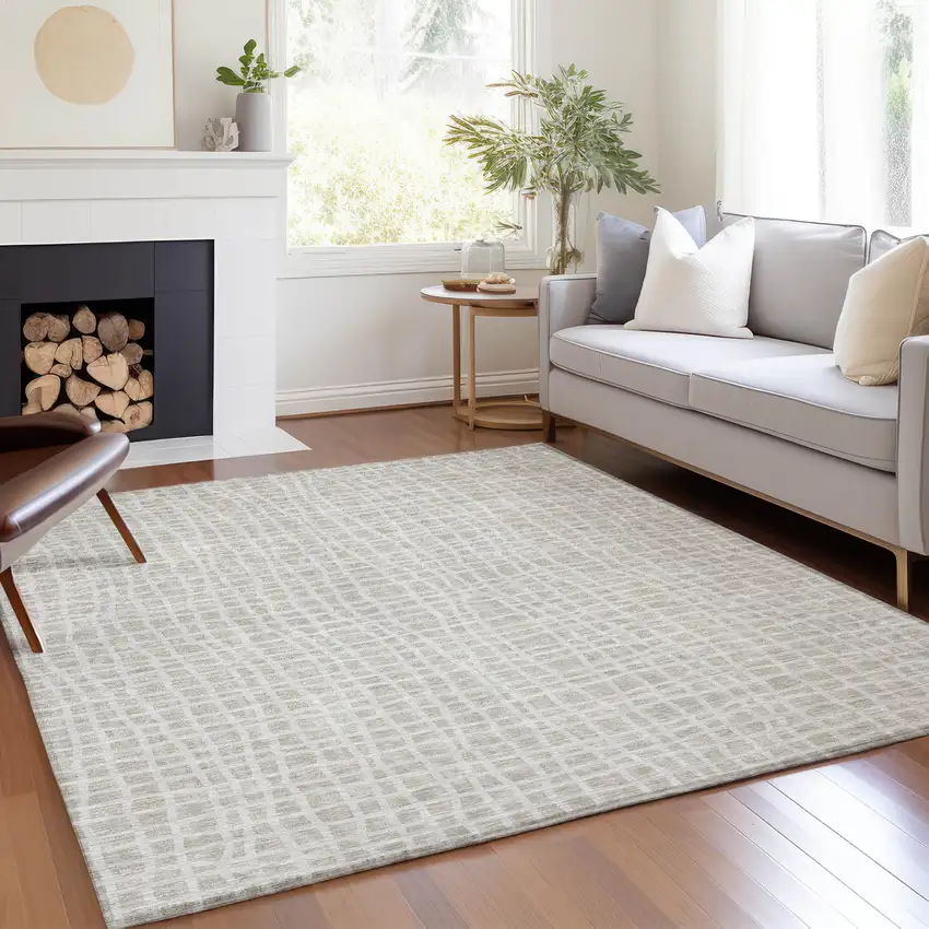 Ivory And Beige Striped Washable Indoor Outdoor Area Rug Photo 8