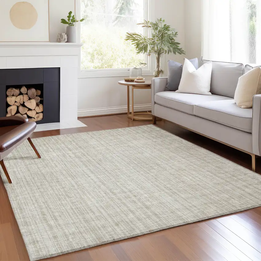 Ivory And Beige Striped Washable Indoor Outdoor Area Rug Photo 7