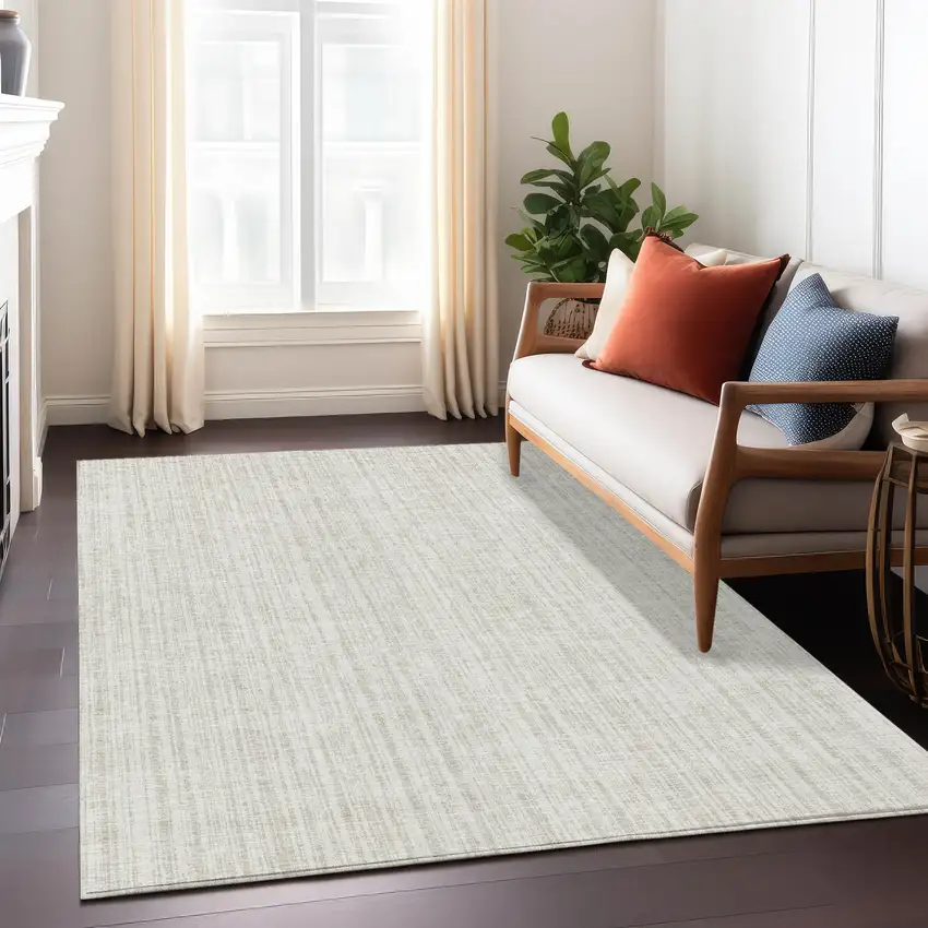 Ivory And Beige Striped Washable Indoor Outdoor Area Rug Photo 8