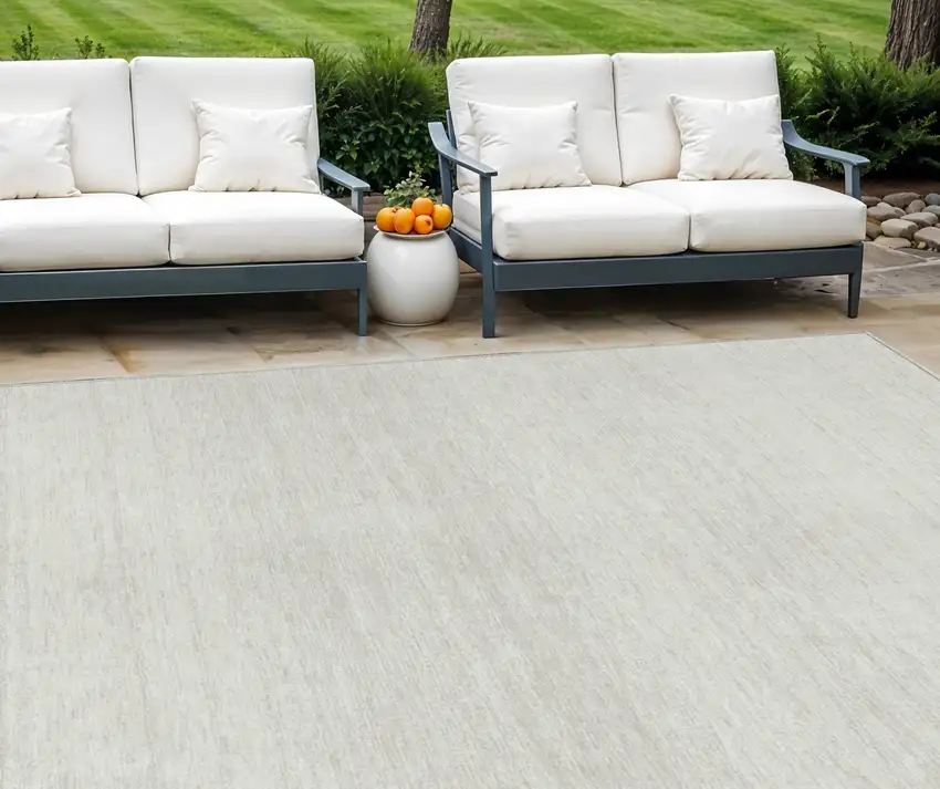 Ivory And Beige Striped Washable Indoor Outdoor Area Rug Photo 1