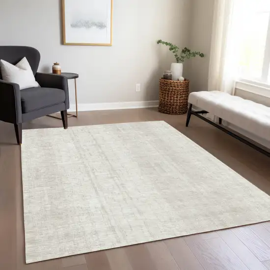 Ivory And Beige Striped Washable Indoor Outdoor Area Rug Photo 9