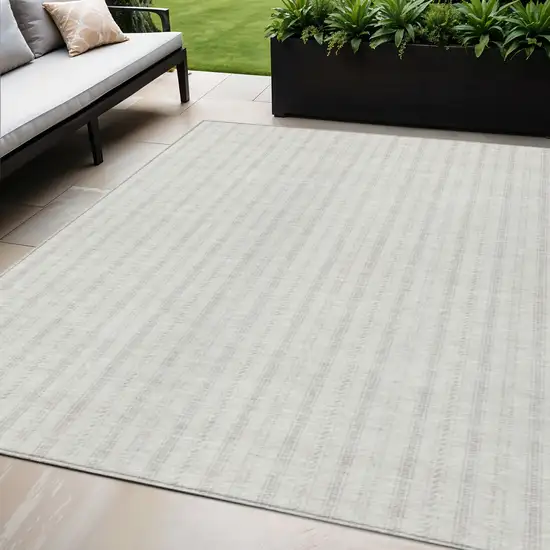Ivory And Beige Striped Washable Indoor Outdoor Area Rug Photo 1