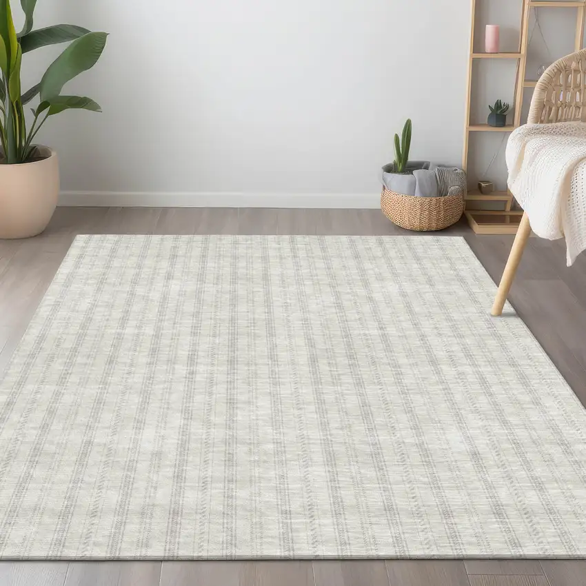 Ivory And Beige Striped Washable Indoor Outdoor Area Rug Photo 7