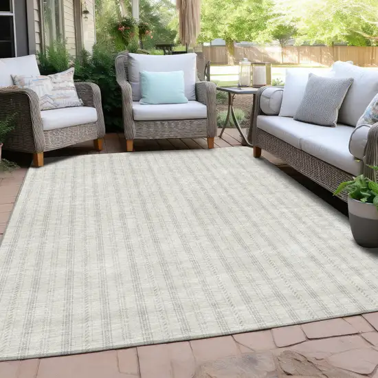 Ivory And Beige Striped Washable Indoor Outdoor Area Rug Photo 6