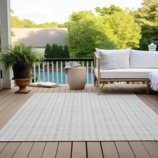 Ivory And Beige Striped Washable Indoor Outdoor Area Rug Photo 9