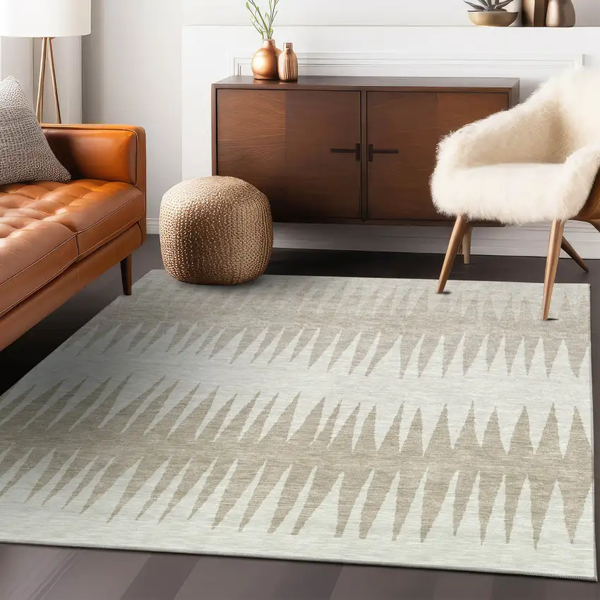 Ivory And Beige Striped Washable Indoor Outdoor Area Rug Photo 9