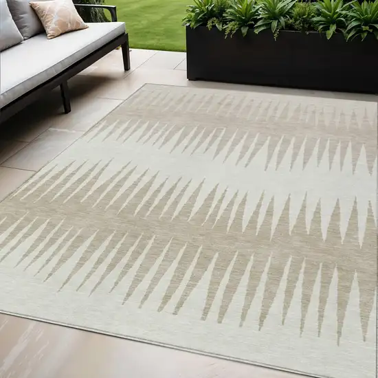 Ivory And Beige Striped Washable Indoor Outdoor Area Rug Photo 1