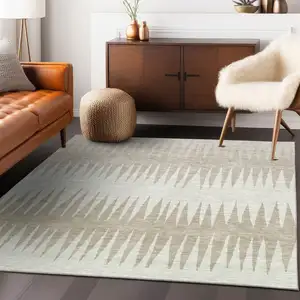 Photo of Ivory And Beige Striped Washable Indoor Outdoor Area Rug