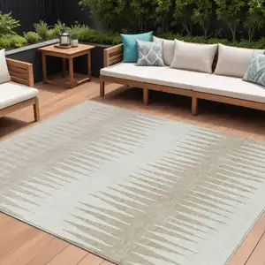 Photo of Ivory And Beige Striped Washable Indoor Outdoor Area Rug