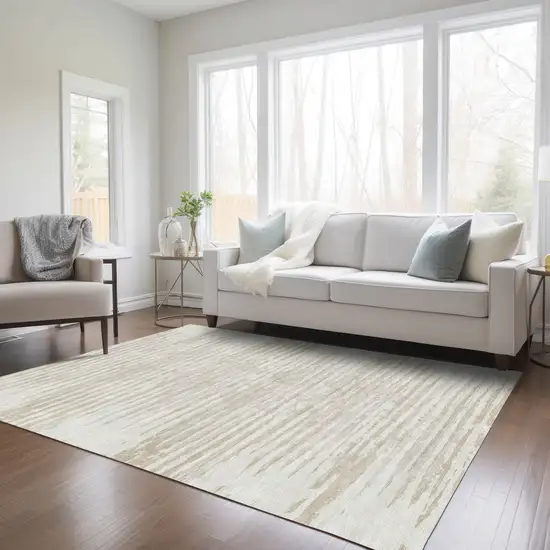Ivory And Beige Striped Washable Indoor Outdoor Area Rug Photo 9