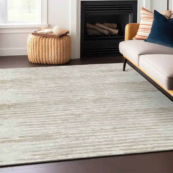 Ivory And Beige Striped Washable Indoor Outdoor Area Rug Photo 7