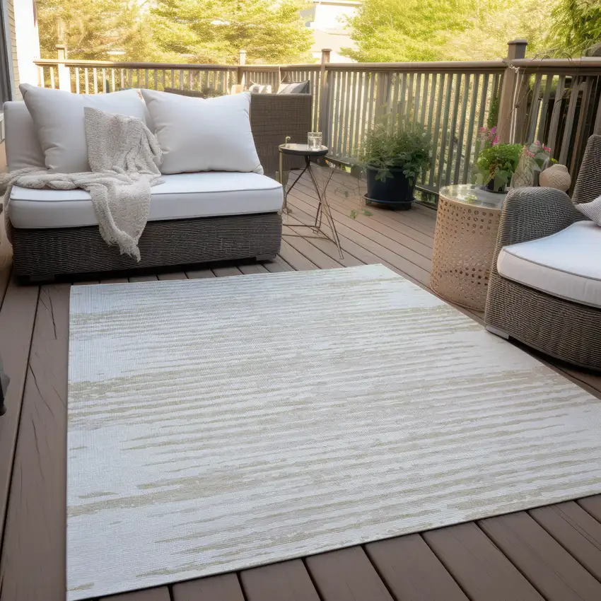 Ivory And Beige Striped Washable Indoor Outdoor Area Rug Photo 9