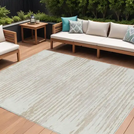 Ivory And Beige Striped Washable Indoor Outdoor Area Rug Photo 2