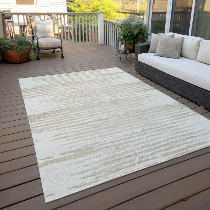 Ivory And Beige Striped Washable Indoor Outdoor Area Rug Photo 9