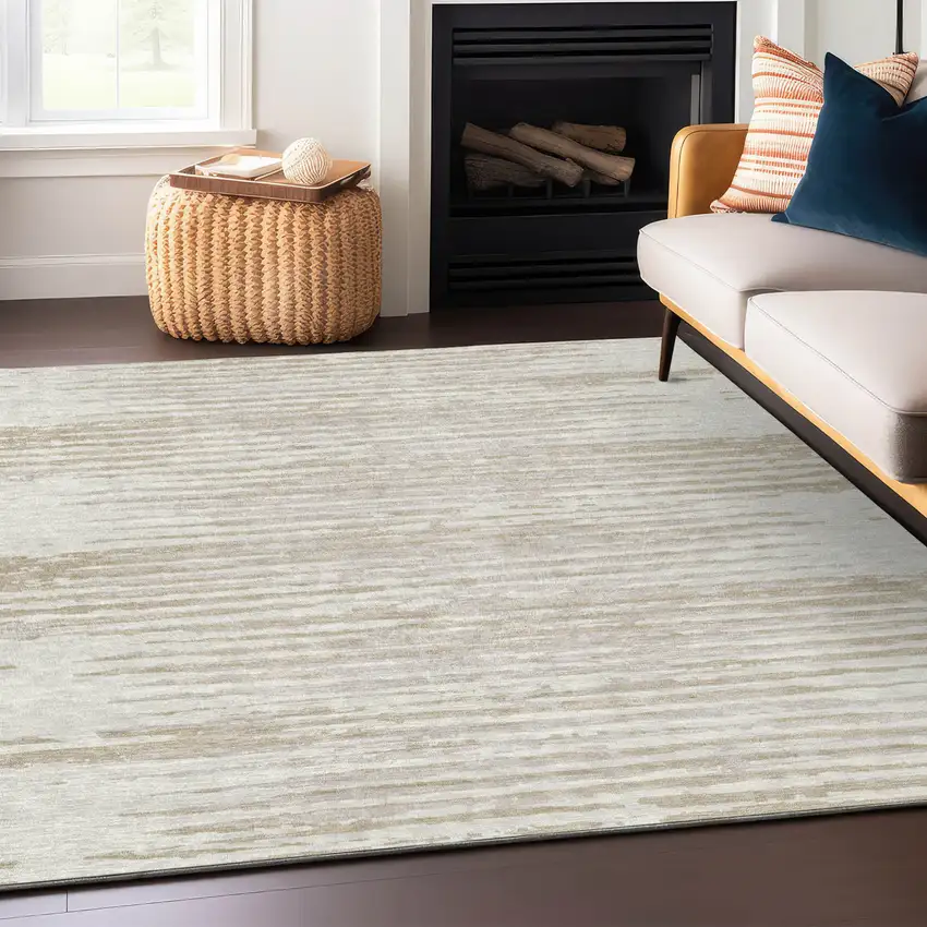Ivory And Beige Striped Washable Indoor Outdoor Area Rug Photo 8
