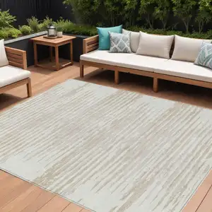 Photo of Ivory And Beige Striped Washable Indoor Outdoor Area Rug