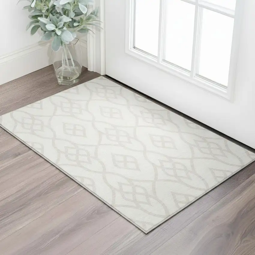 Ivory And Beige Trellis Washable Area Rug With UV Protection Photo 2