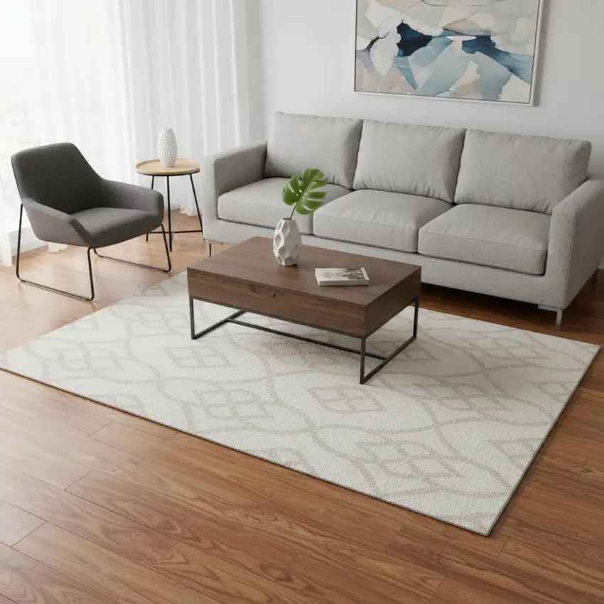 Ivory And Beige Trellis Washable Area Rug With UV Protection Photo 2