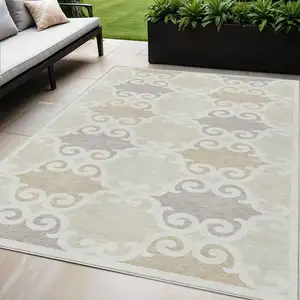 Photo of Ivory And Beige Trellis Washable Indoor Outdoor Area Rug