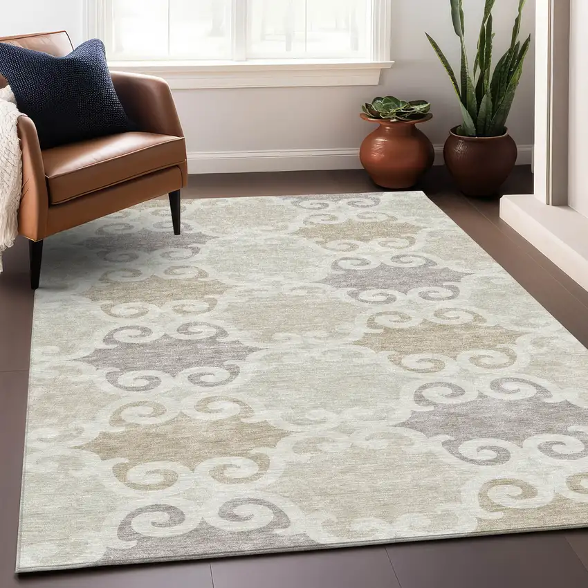 Ivory And Beige Trellis Washable Indoor Outdoor Area Rug Photo 9