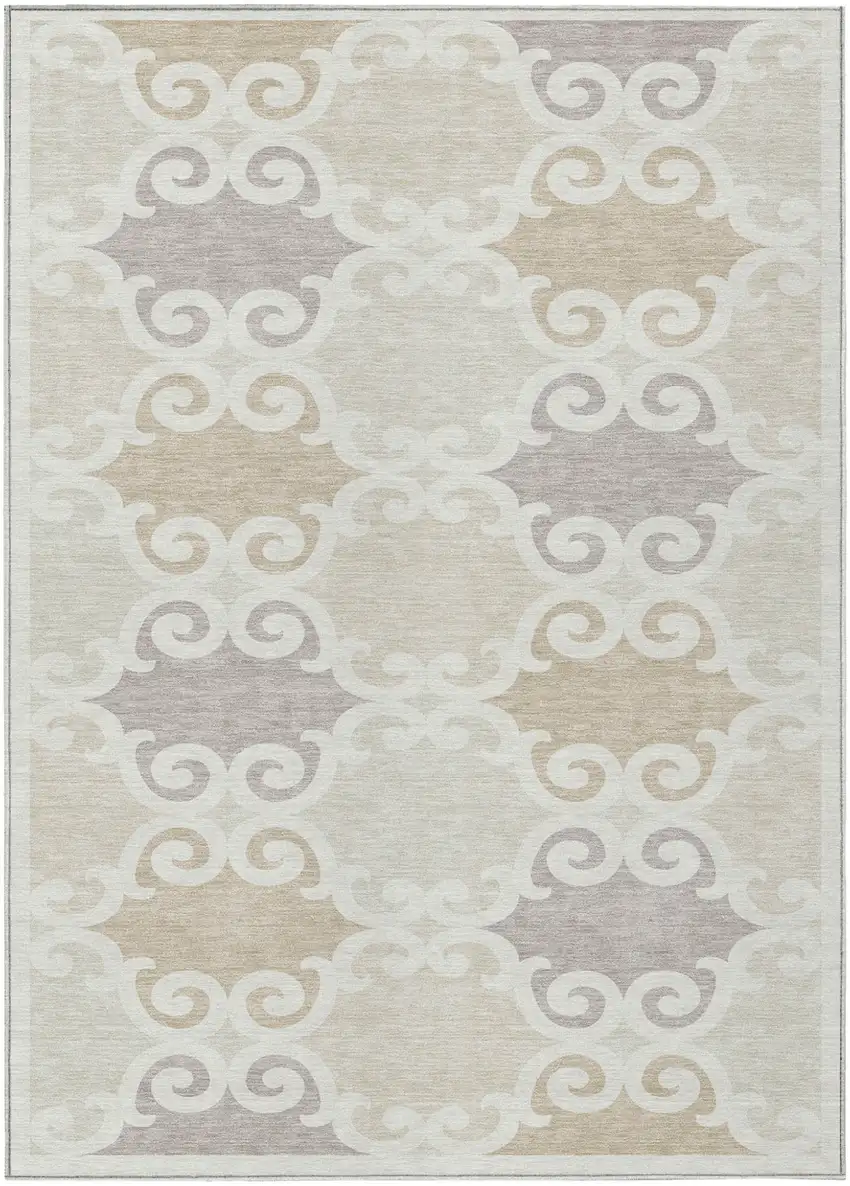 Ivory And Beige Trellis Washable Indoor Outdoor Area Rug Photo 2