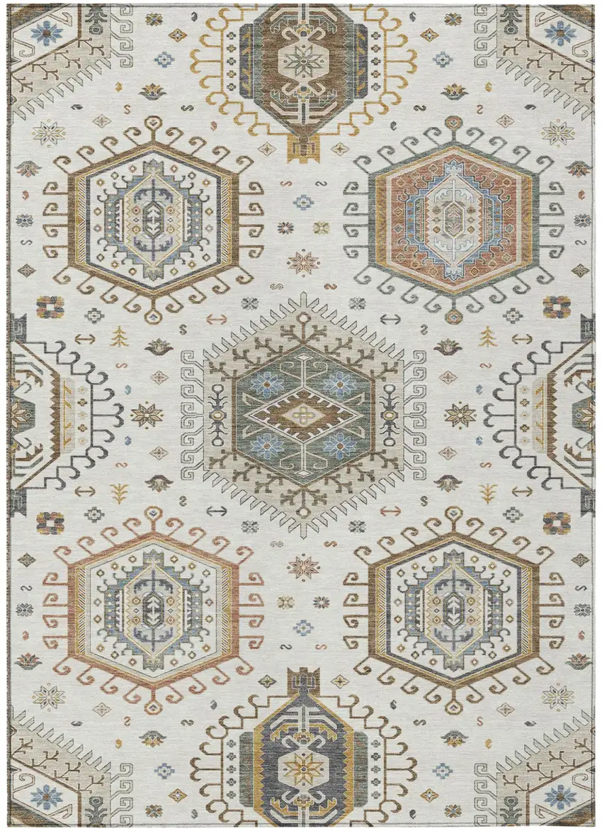Ivory And Beige Tribal Washable Indoor Outdoor Area Rug Photo 1