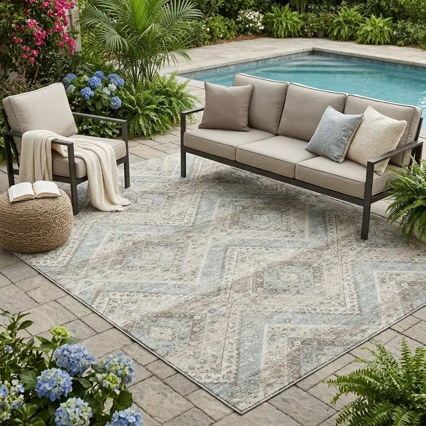 Ivory And Beige Tribal Washable Indoor Outdoor Area Rug Photo 1