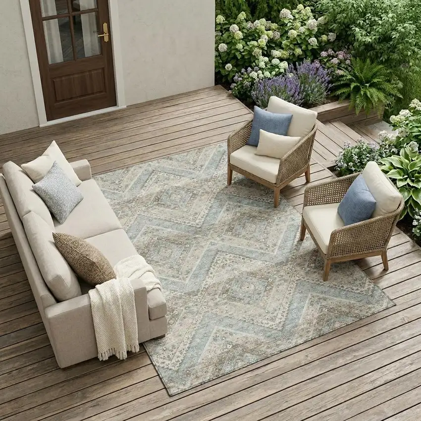 Ivory And Beige Tribal Washable Indoor Outdoor Area Rug Photo 1