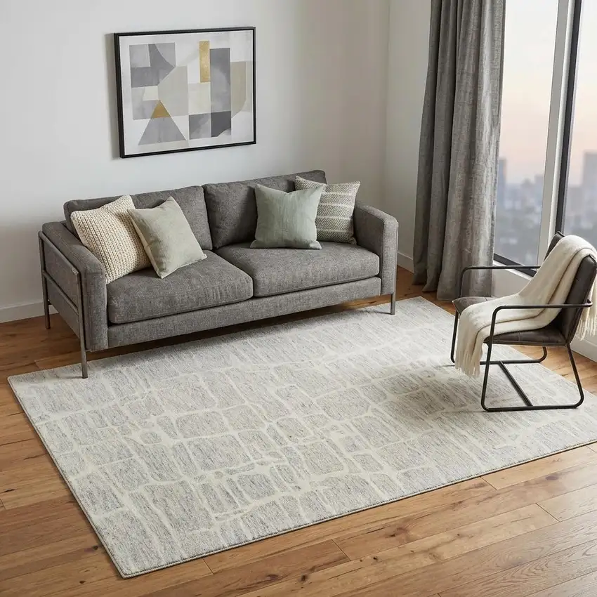 Ivory And Beige Wool Abstract Hand Tufted Area Rug Photo 1