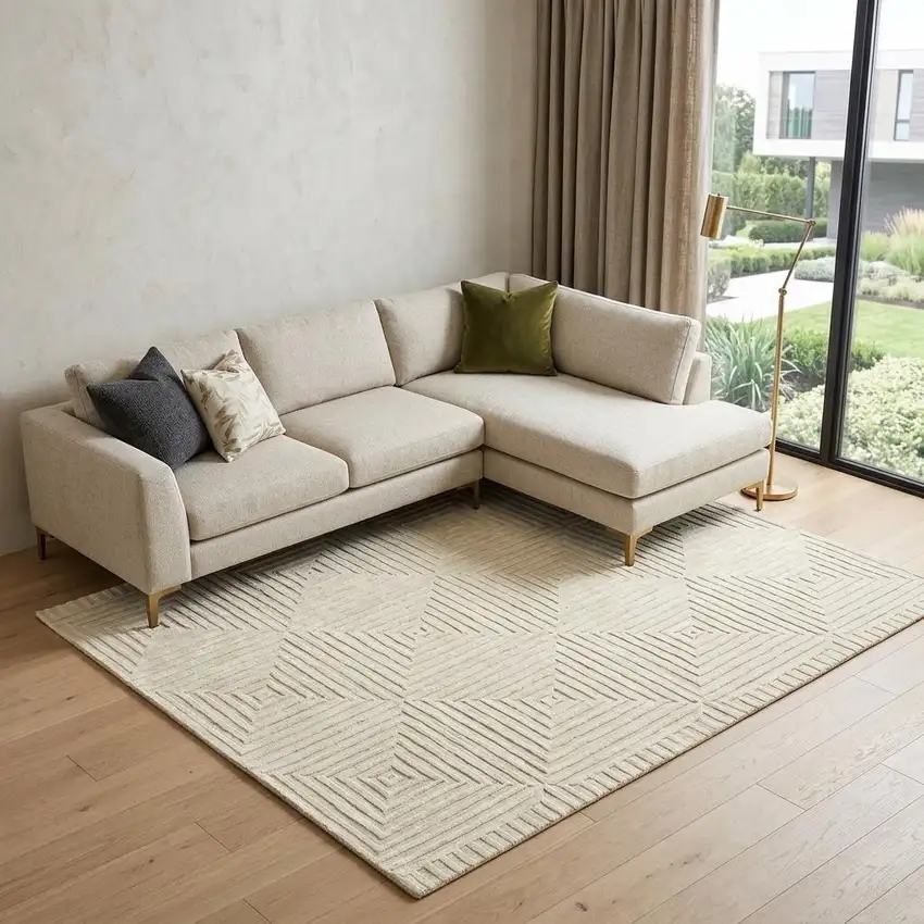 Ivory And Beige Wool Geometric Hand Knotted Area Rug Photo 1