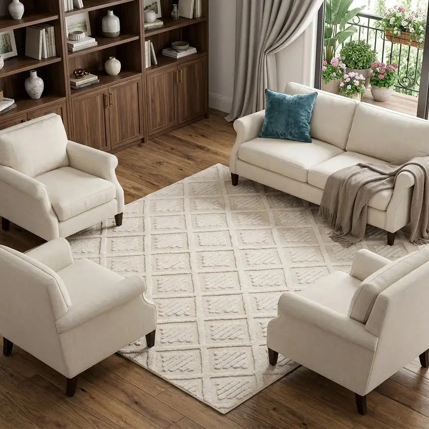 Ivory And Beige Wool Geometric Hand Tufted Area Rug Photo 1
