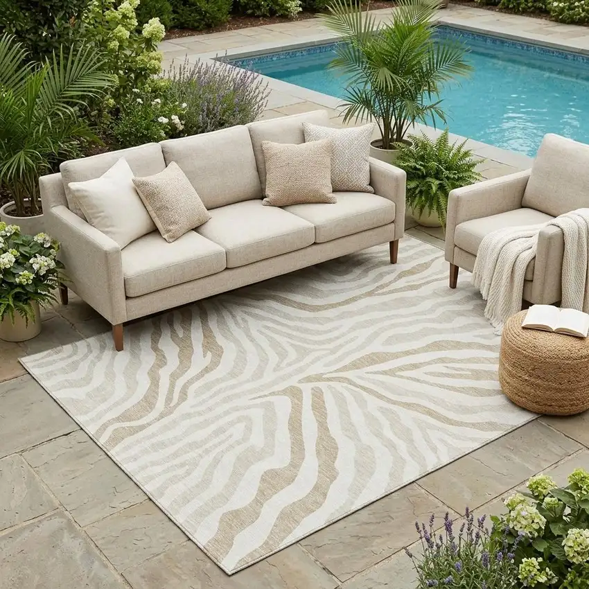 Ivory And Beige Zebra Print Washable Indoor Outdoor Area Rug Photo 1