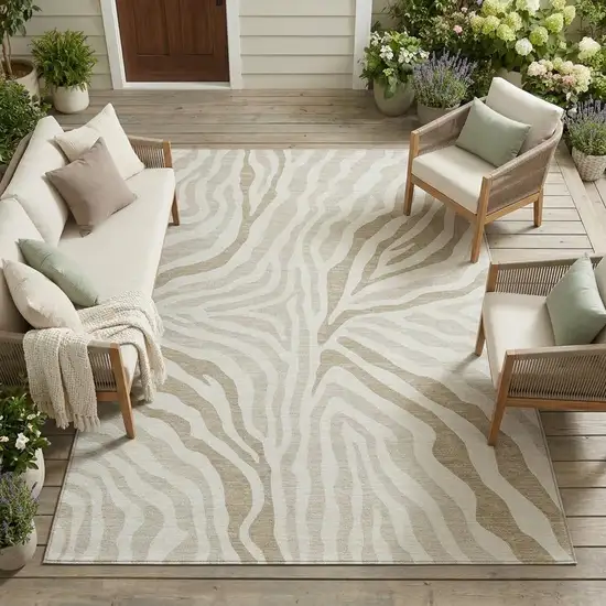 Ivory And Beige Zebra Print Washable Indoor Outdoor Area Rug Photo 1