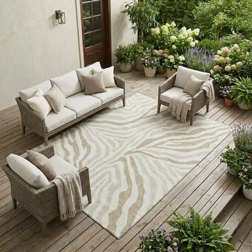 Ivory And Beige Zebra Print Washable Indoor Outdoor Area Rug Photo 1