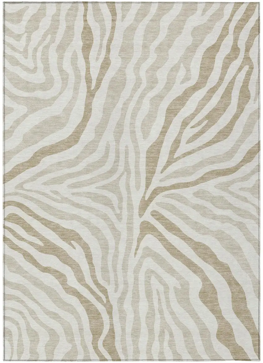 Ivory And Beige Zebra Print Washable Indoor Outdoor Area Rug Photo 2