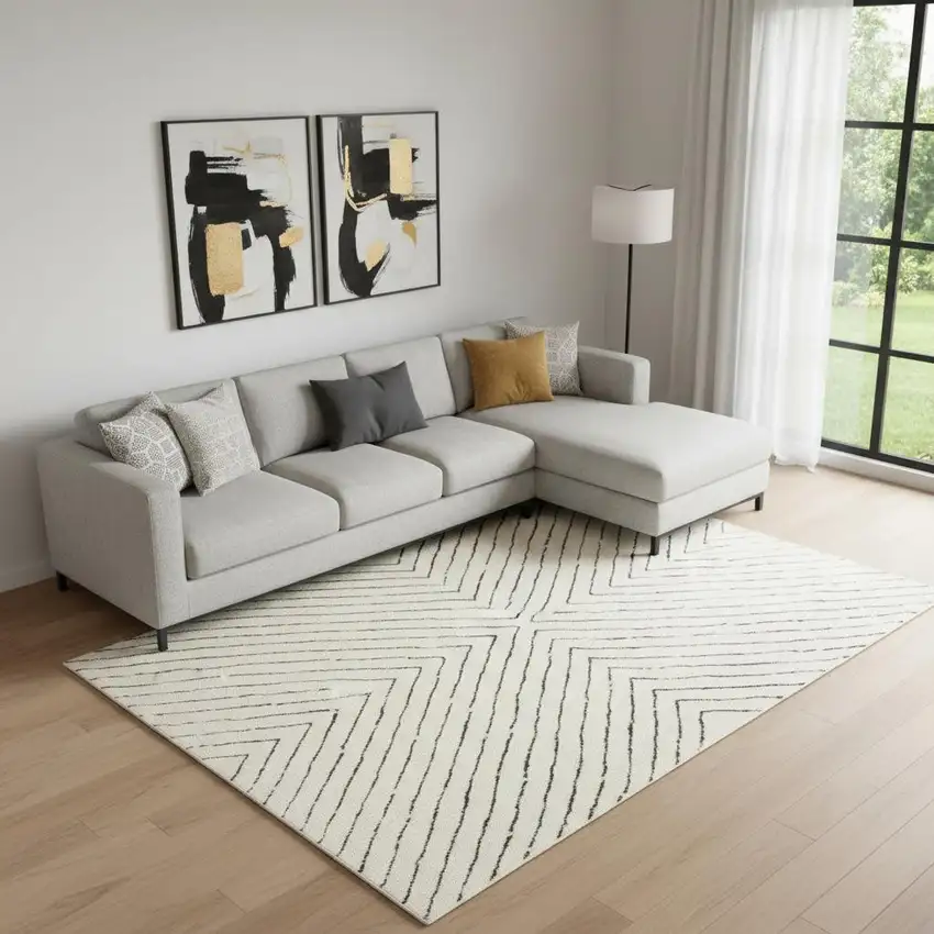 Ivory And Black Abstract Area Rug Photo 1