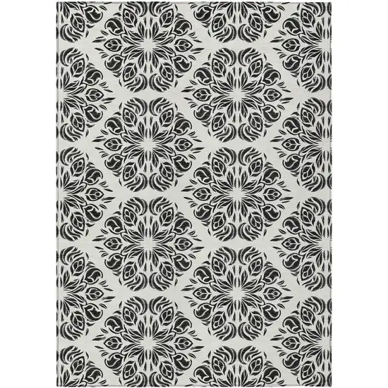 Ivory And Black Damask Washable Indoor Outdoor Area Rug Photo 8