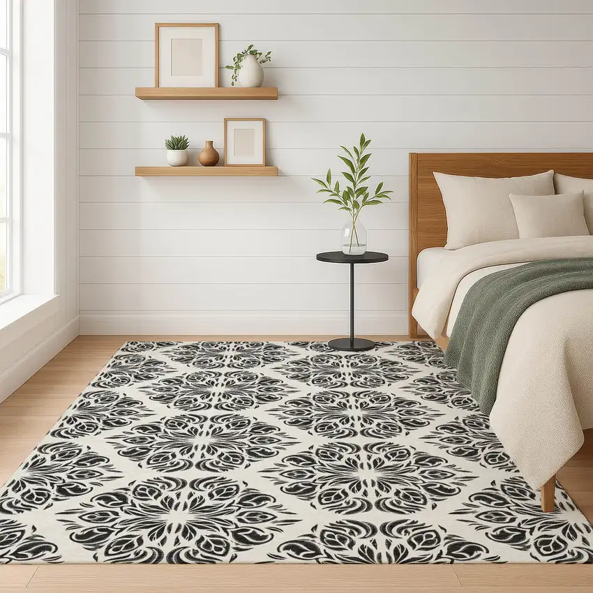 Ivory And Black Damask Washable Indoor Outdoor Area Rug Photo 6