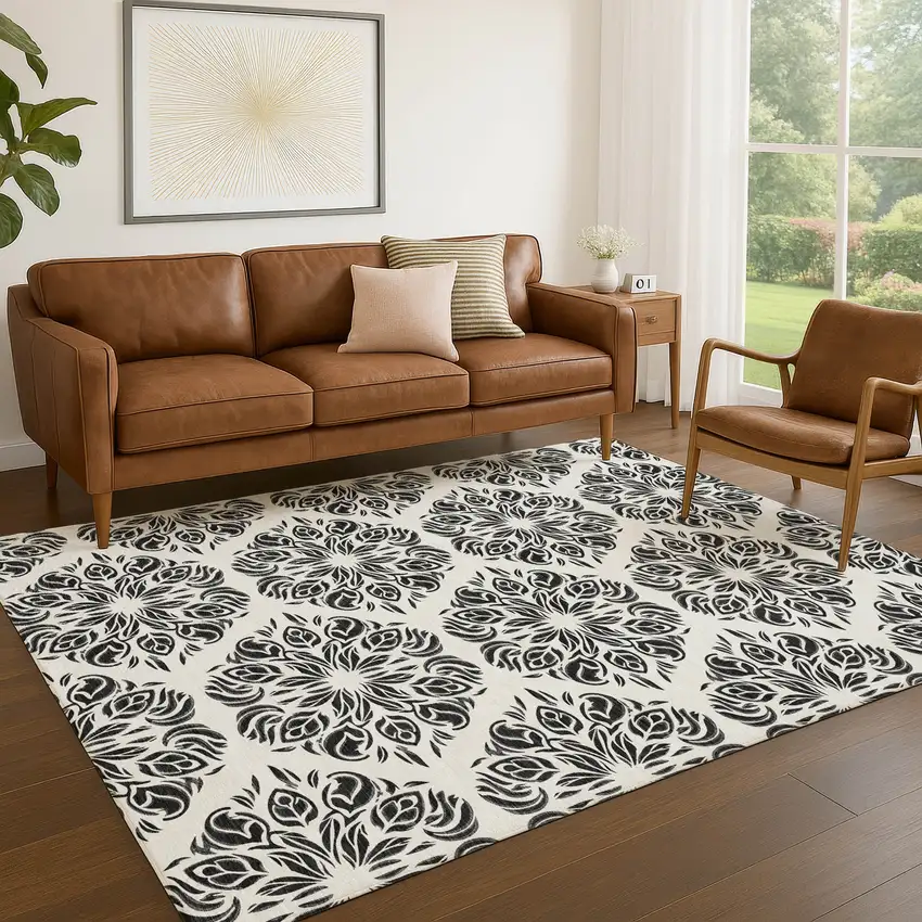 Ivory And Black Damask Washable Indoor Outdoor Area Rug Photo 5