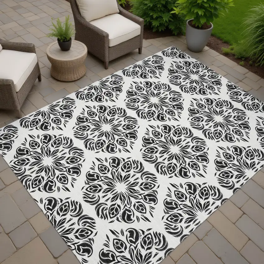 Ivory And Black Damask Washable Indoor Outdoor Area Rug Photo 7