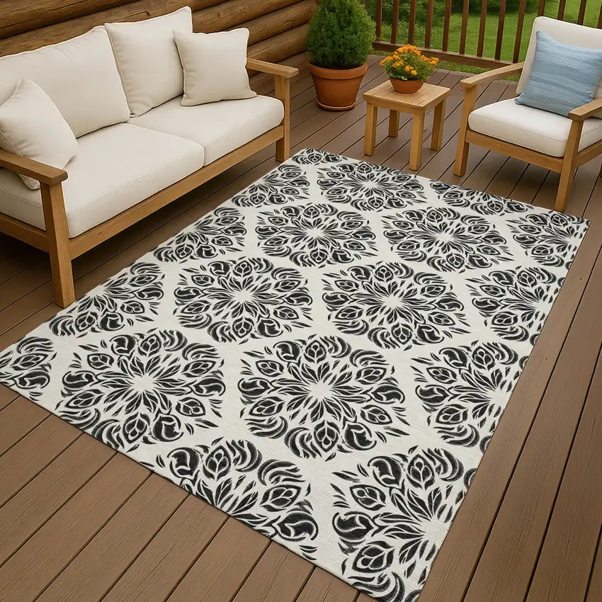Ivory And Black Damask Washable Indoor Outdoor Area Rug Photo 4