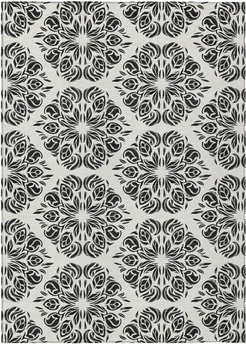 Ivory And Black Damask Washable Indoor Outdoor Area Rug Photo 8