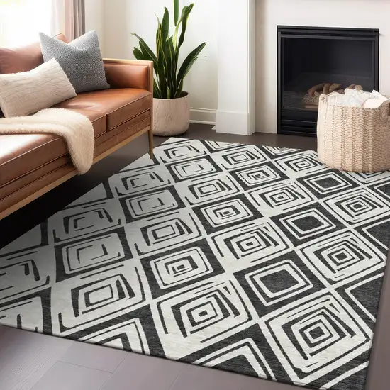 Ivory And Black Diamond Washable Area Rug With UV Protection Photo 5
