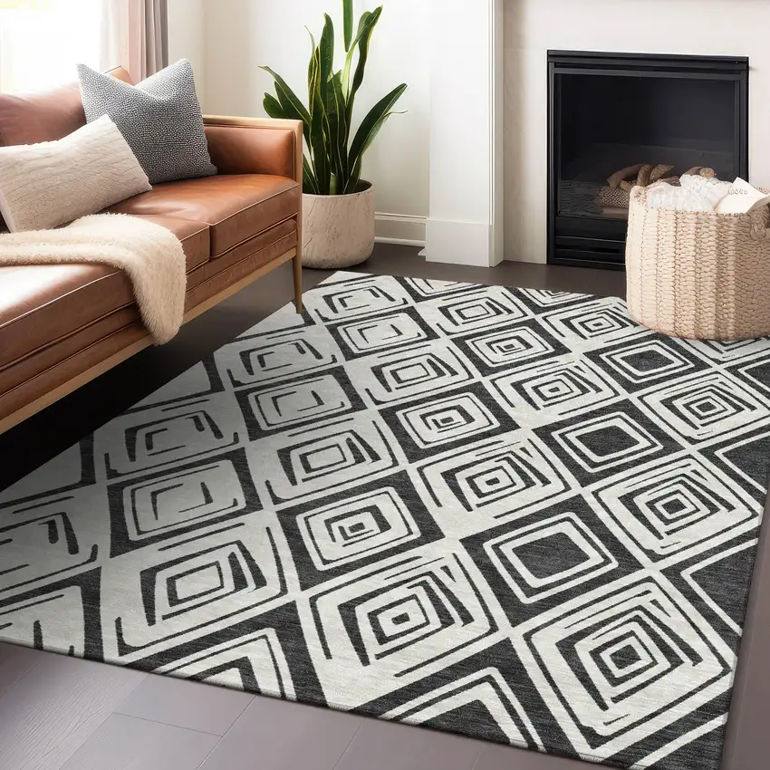 Ivory And Black Diamond Washable Area Rug With UV Protection Photo 5