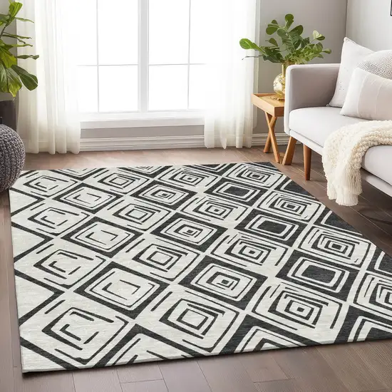 Ivory And Black Diamond Washable Area Rug With UV Protection Photo 4