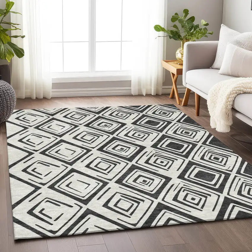 Ivory And Black Diamond Washable Area Rug With UV Protection Photo 4