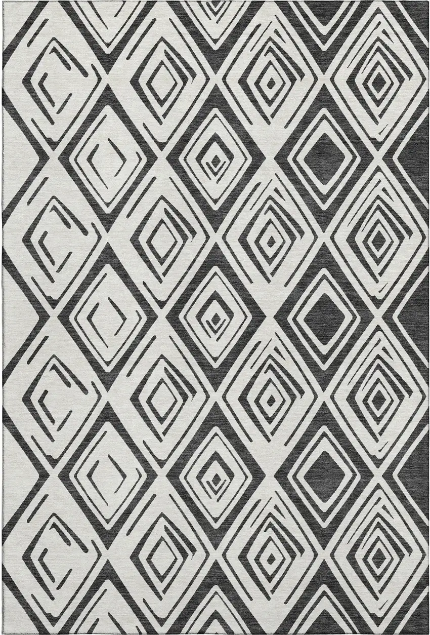 Ivory And Black Diamond Washable Area Rug With UV Protection Photo 1